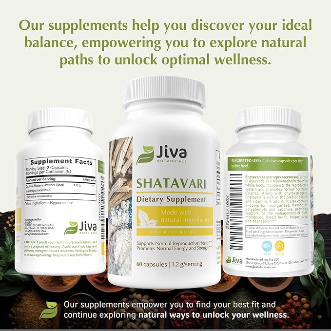 Jiva Botanicals Shatavari Supplement 1200mg - Shatavari Root Powder for Normal Hormonal Balance and Normal Energy Levels - Made in The USA - Non GMO, Vegan - 60 Capsules