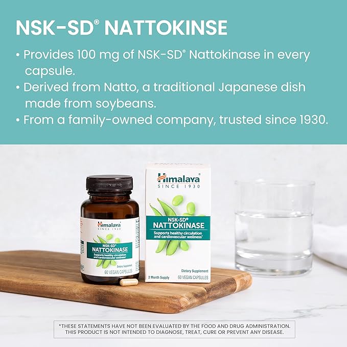 Himalaya NSK-SD Nattokinase, 2000 FU, Dietary Supplement for Healthy Circulation, Vegan, Gluten Free Natto Extract, 100 mg, 60 Capsules Current Value - Himalaya NSK-SD Nattokinase Capsules, 60 CT