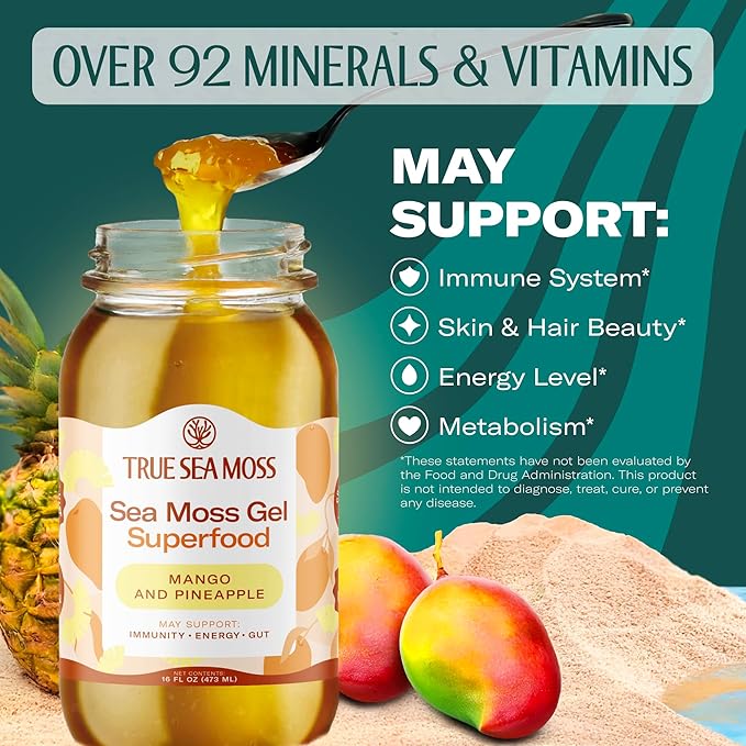 TrueSeaMoss Sea Moss Gel – Made in USA – Wildcrafted Seamoss, Fresh Fruits & Sea Vegetables – Mango/Pineapple, Pack of 1 (Labels may Vary)