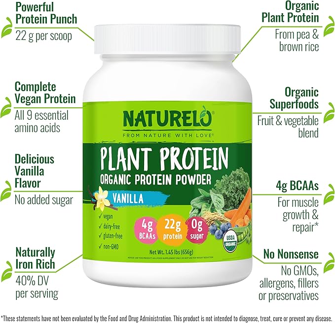NATURELO Plant Protein Powder, Vanilla, 22g Protein - Non-GMO, Vegan, No Gluten, Dairy, or Soy - No Artificial Flavors, Synthetic Coloring, Preservatives, or Additives - 20 Servings
