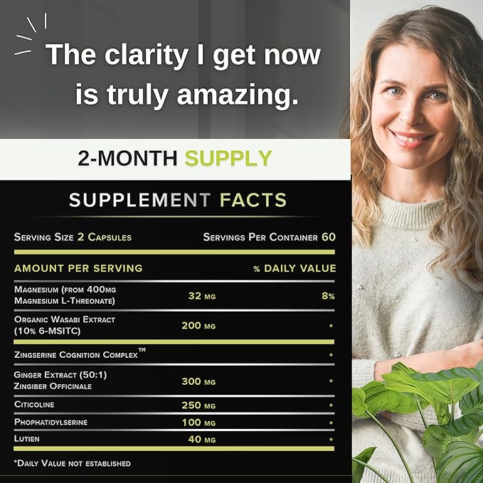 Organic Wasabi Extract + Zingserine Cognition (2 Month Supply) The Most Targeted Memory Supplement - Superior Clinical Evidence to Vinpocetine, Apoaequorin, Nuriva, Prevegen & Ginkgo