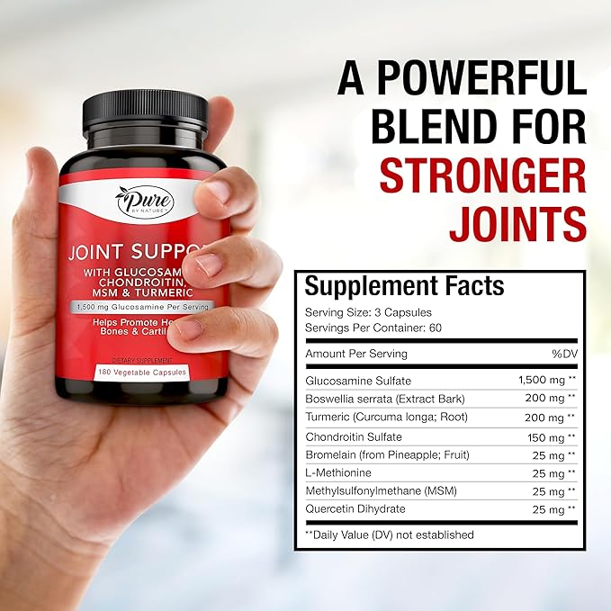 Pure By Nature Joint Support, Glucosamine with Chondroitin Turmeric MSM Boswellia Supplement, 180 Capsules