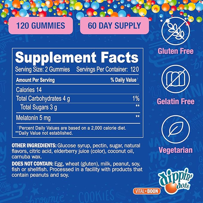 Dippin' Dots - Melatonin Sleep Support Gummies (120 Count) Strawberry Sunset Creme Flavor Chews | 2.5mg Per Gummy Sleep Supplement for Children and Adults | Supplement for faster Faster & Longer Sleep