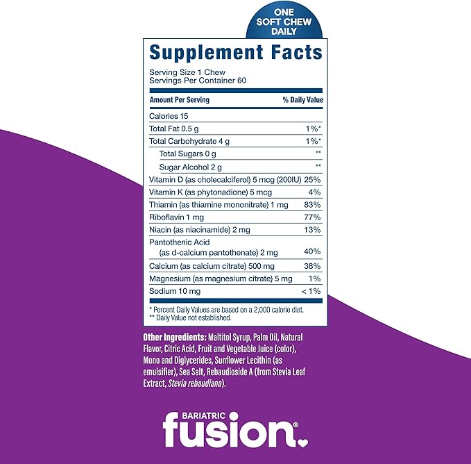 Bariatric Fusion Bariatric Calcium Supplement Chews | Calcium Citrate with Vitamin D3 Bariatric Vitamin | Sugar Free Chewable |500mg |Cranberry Grape | 60 Count