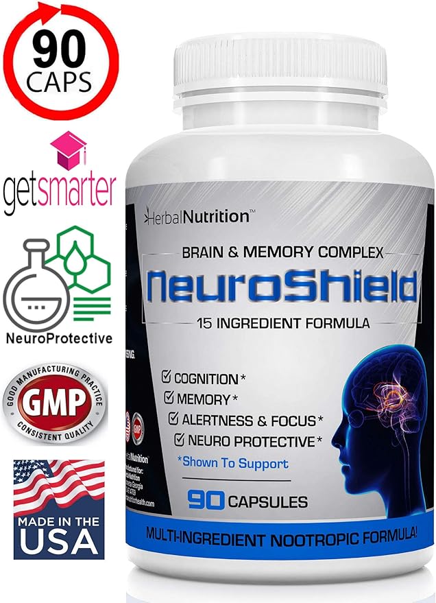 NeuroShield, Brain Supplement a Nootropic Brain Booster and Memory Supplement, Contains Huperzine A, Ginko Biloba, Bacopa Plus Antioxidants for Brain Health, Multi-Ingredients, 1 Bottle, 90 Capsules