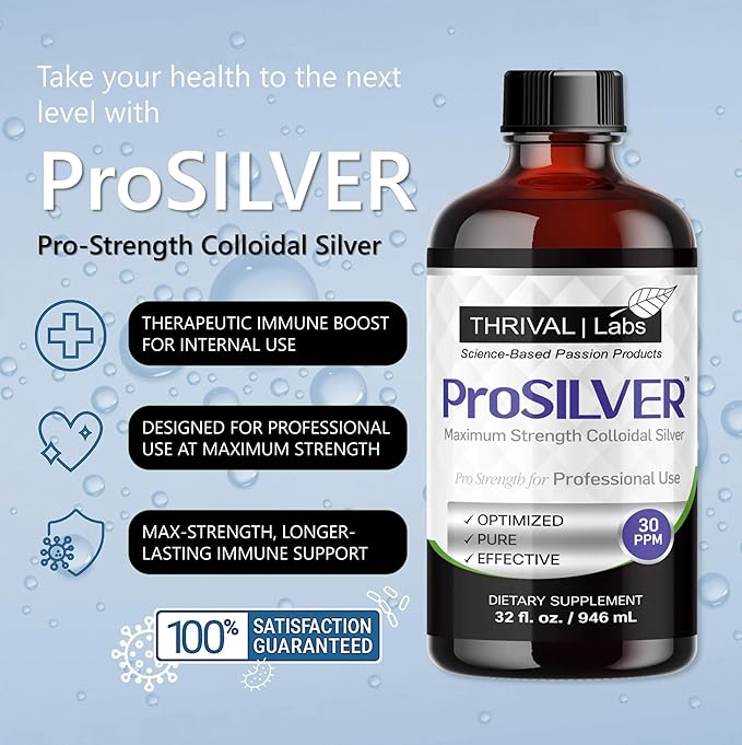 ProSILVER Black Label Pro-Strength Colloidal Silver for Immune Support, 30 PPM Maximum Strength for Professional Use, Dark Glass Bottle - Thrival Labs (16oz)