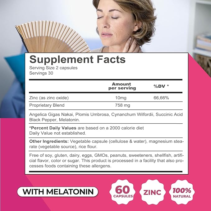 ZENZSUAL Bye Bye Menopause with Melatonin – Natural Menopause Support for Women – Hot Flashes, Night Sweats, Hormone Balance & Restful Sleep – Vegan, Estrogen-Free Menopause Supplement – 60 Capsules
