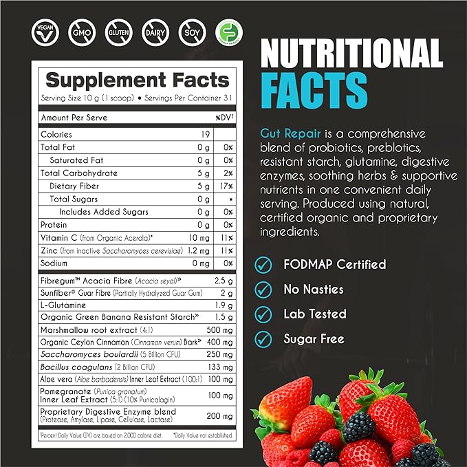Gut Repair β Gut Health & Digestion Support Powder for IBS, Bloating, Reflux & Leaky Gut β Low FODMAP Certified with Probiotics, Prebiotics, Enzymes & Glutamine β 310g