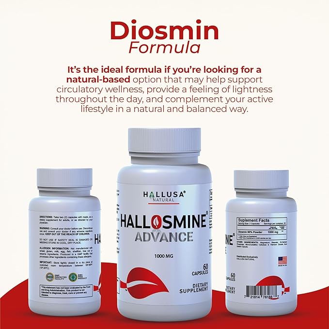 Hallosmine Advance Diosmin 1000mg, Leg Circulation, Heavy Legs, Varicose Veins, Circulatory Supplement, Vein Support & Blood Circulation Supplement - 60 Caps