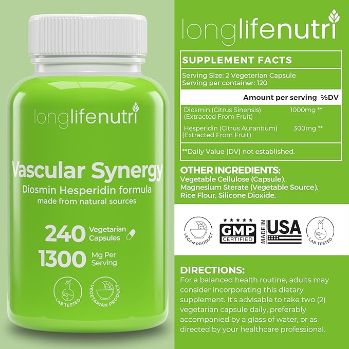 Diosmin Hesperidin Complex, Vascular Synergy 1000mg/300mg for Optimal Circulation & Vein Support: 240 Capsules, 120 Servings, 4-Month Supply, Made in USA
