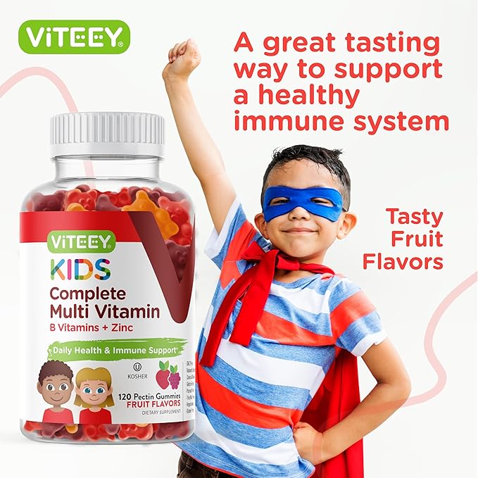 Viteey Kids Multivitamin Gummies, Complete Daily Essential Kids Vitamins - Great for Immune Support & Overall Health - 12 Essential Minerals & Vitamins - Vegetarian, Gelatin Free- Fruit Flavor Gummy