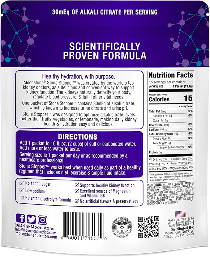 Stone Stopper Drink Mix, Cranberry Raspberry, Kidney Stone Prevention, Calcium Oxalate Protector, Developed by Urologists to Improve Hydration and Support Kidney Health, 15 Day Supply