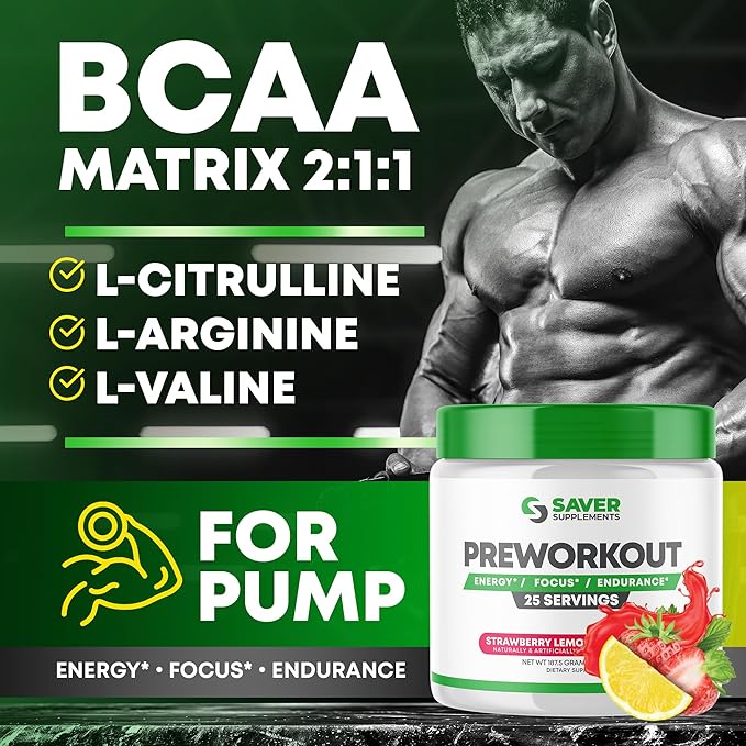 Pre Workout Powder with Beta Alanine, Creatine Monohydrate, BCAA, L Citrulline, L Arginine and Caffeine - Strawberry Lemonade Flavor - 25 Servings