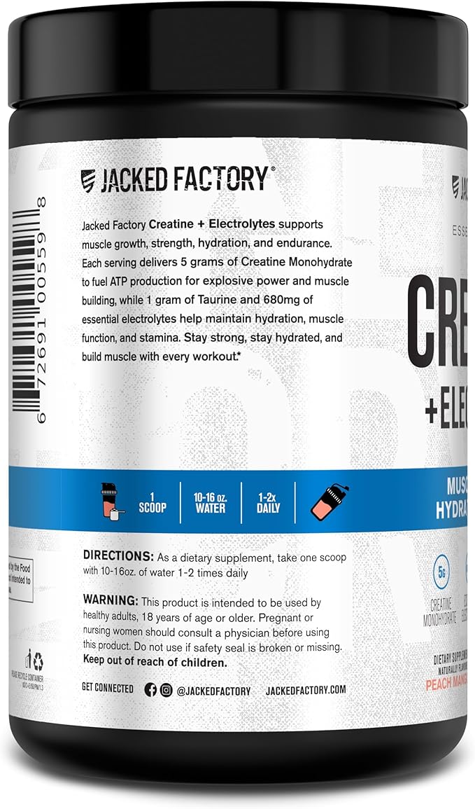 Jacked Factory Creatine + Electrolytes - Creatine Monohydrate with Taurine, Calcium, Sodium, & Potassium to Increase Muscle Growth, Strength, Hydration, & Endurance - 50 Servings, Peach Mango