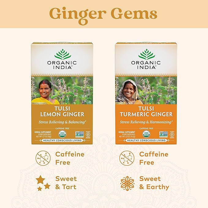 Organic India Tulsi Lemon Ginger Herbal Tea - Stress Relieving & Reviving, Immune Support, Aids Digestion, Vegan, USDA Certified Organic, Non-GMO, Caffeine-Free - 18 Infusion Bags, 3 Pack