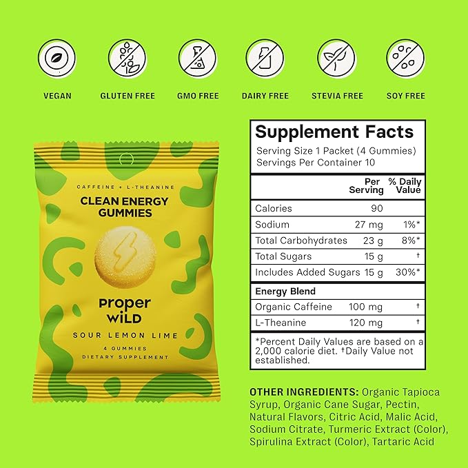 Proper Wild Vegan Energy Gummies with L-Theanine & Organic Caffeine, Clean Energy & Focus, Plant-Based Energy, Gluten-Free, Non-GMO, Dairy-Free, Stevia-Free, Soy-Free, Sour Lemon Lime (10-Pack)