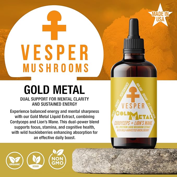 Vesper Gold Metal Mushroom Liquid Extract - Cordyceps & Lion’s Mane Blend with Wild Huckleberries for Neurogenesis, Performance, and Energy, USA-Grown, for Focus & Endurance – 4oz