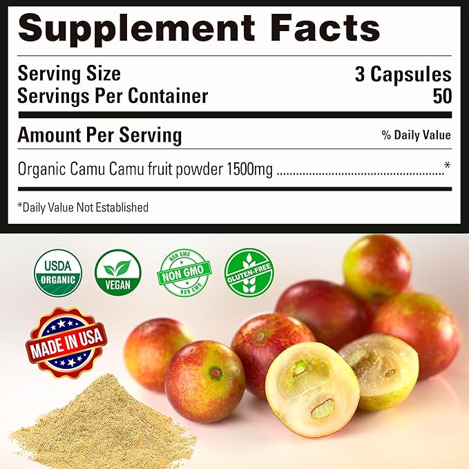 Peruvian Naturals Organic Vitamin C from Camu Camu Capsules 1,500mg - 300 Vegan Pills, Natural Vitamin C from Whole Food Camu Berry Organic, Non-GMO