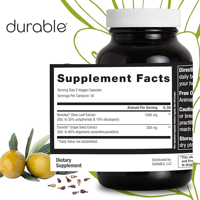Durable Blood Pressure – Benolea Olive Leaf & Enovita Grape Seed Extract – Healthy Circulation, Nitric Oxide & Artery Support – Doctor Formulated, Vegan, Non-GMO, Made in USA (60 Capsules)