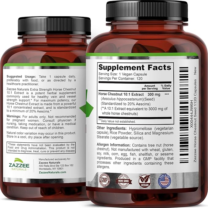 Zazzee Extra Strength Horse Chestnut 10:1 Extract, 3000 mg Strength, 20% Aescins, 4 Month Supply, 120 Vegan Capsules, Concentrated and Standardized 10X Extract, All-Natural, Non-GMO, Made in The USA