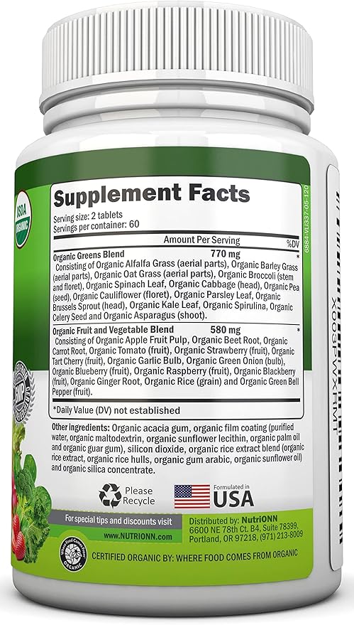Organic Super Greens Capsules - Fruit And Vegetable Supplements - 120 Count - 28 USDA Organic & Vegan Premium Ingredients - Superfood Blend For Immune Health, Digestion & Energy - Whole Food Vitamins
