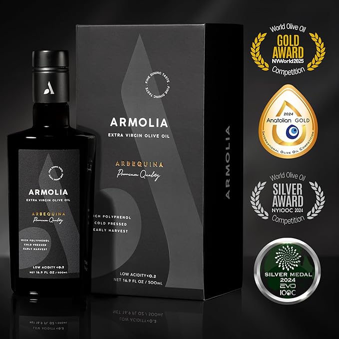ARMOLIA 24-Pack Olive Oil Extra Virgin, Cold Pressed, Early Harvest, High Polyphenol (<400 mg/kg), Low Acidity (0.14%), 2025 Gold Award Winner, Drinking Premium Glass Bottle EVOO ( 24 Pack x 500mL , 405.6 Oz )