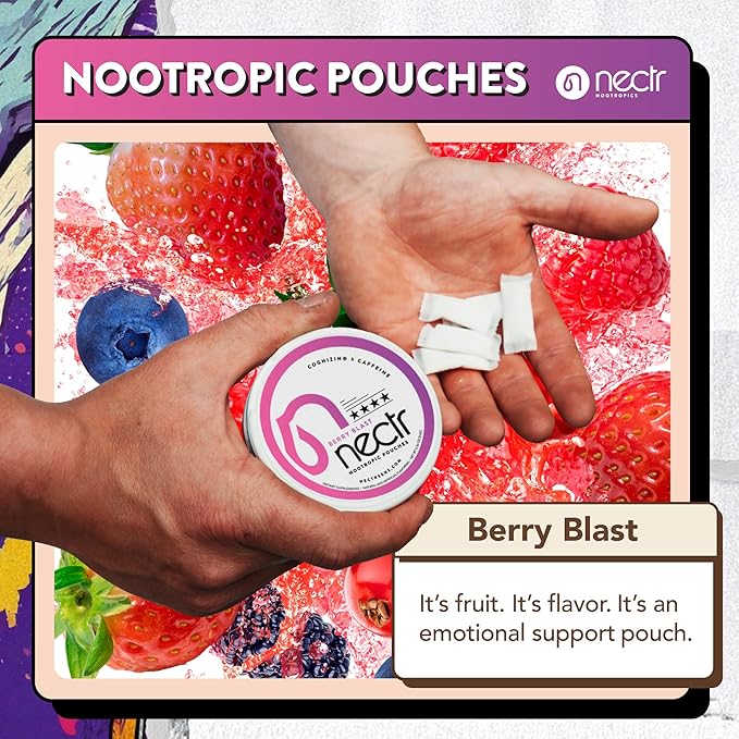 Nectr Energy Nootropic Pouches – Berry Blast Flavored, Caffeine Pouches with Cognizin® Citicoline. Sugar-Free Brain Treats. Smooth, Sustained Focus & Energy Supplement - 1 Puck of 16pcs