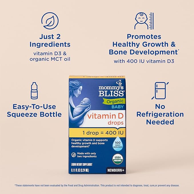 Mommy’s Bliss Organic Vitamin D Drops - Infants and Newborns - Supports Growth and Bone Development - Easy Use - 400 IU Per Drop - 100 Daily Servings