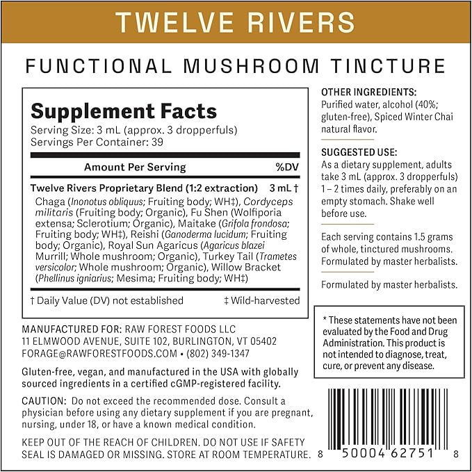 Twelve Rivers Functional Mushroom MycoMedic Elixir Tincture – 1:2 True Dual-Stage Extraction – Spiced Winter Chai – 4 Fluid Ounce Bottle