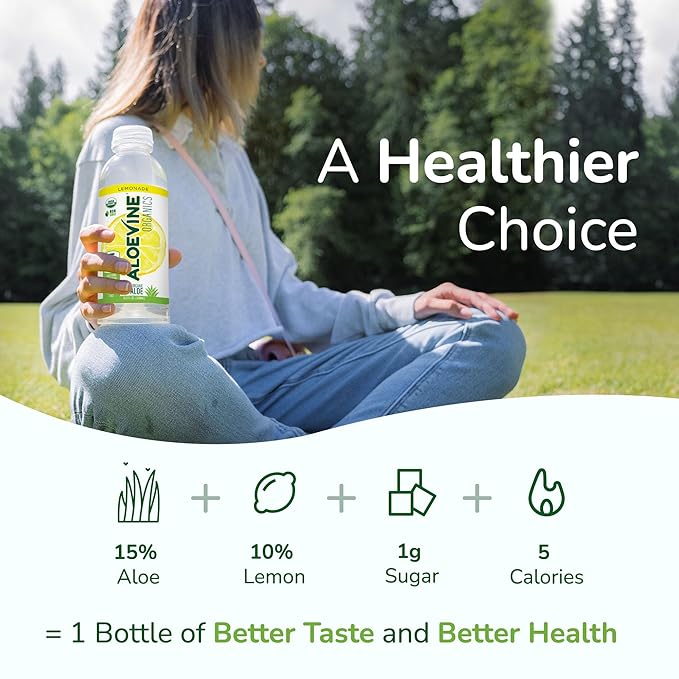 Aloe Vera Juice, No-Pulp Organic Aloe Vera Drink, Healthy Juice with Aloe Powder and Lemon Juice, 5 Calories, Low Sugar, No Artificial Ingredients, 16.9 oz, 12 Pack, Lemonade - Aloevine Organics