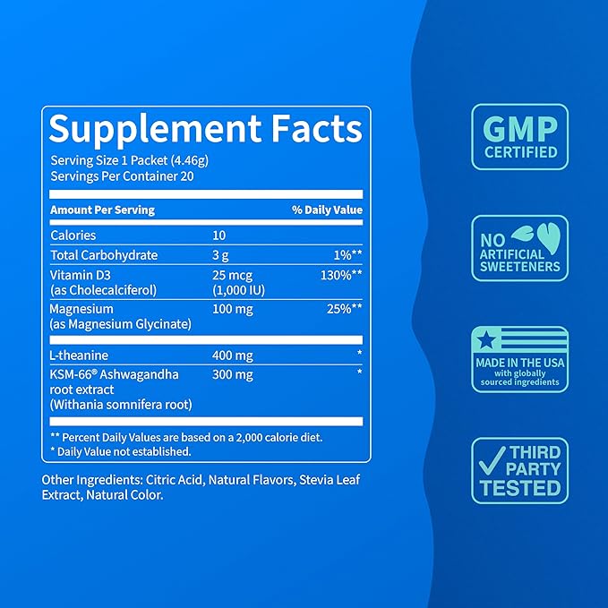 Supercalm Drink Mix - Ashwagandha KSM 66, Magnesium Glycinate & L-Theanine Supplement, Vitamin D3 - Ashwagandha Root Extract - Focus and Relaxation Support (20 Travel Packets) - Yuzu Guava