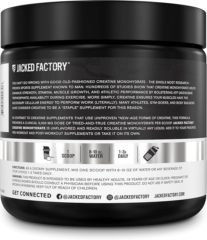 Jacked Factory Creatine Monohydrate Powder 150g - Creatine Supplement for Muscle Growth, Increased Strength, Enhanced Energy, & Improved Athletic Performance 30 Servings, Unflavored