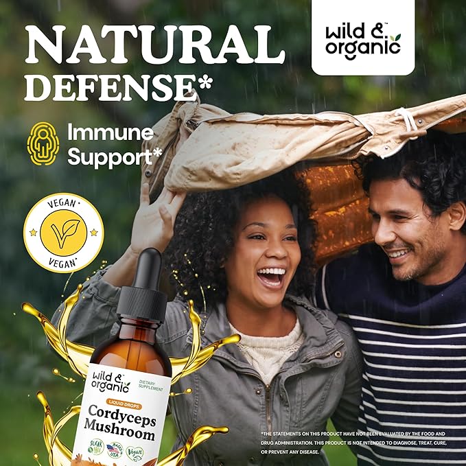 Wild & Organic Cordyceps Mushroom Tincture - Cordyceps Extract Supplement for Energy & Immune Support - Liquid Sinensis Mushroom Drops - Vegan, Sugar & Alcohol-Free - 2 fl oz