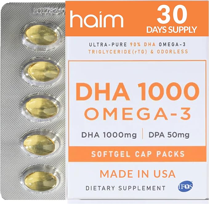HAIM DHA 1000 Omega-3 Fish Oil - 90% Purity with 1000mg DHA, 50mg DPA - High Potency Fish Oil Supplement for Brain, Eye & Heart Support - Promotes Overall Wellness & Focus - 1 Box, 60 Softgels
