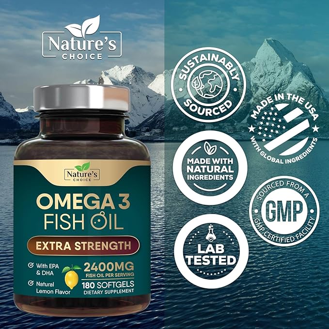 Omega 3 Fish Oil Supplement 2400 mg - Triple Strength EPA & DHA Fish Oil Omega 3, Essential Fatty Acids Supplement Softgels, Brain & Heart Health Support Supplements, Gluten Free Non-GMO, 180 Softgels