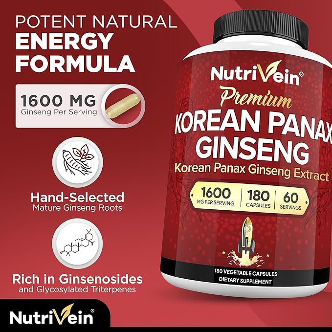 Nutrivein Korean Red Panax Ginseng 1600mg – Extra Strength Formula – 180 Capsules – Boost Energy, Mental Focus & Immune Health Naturally