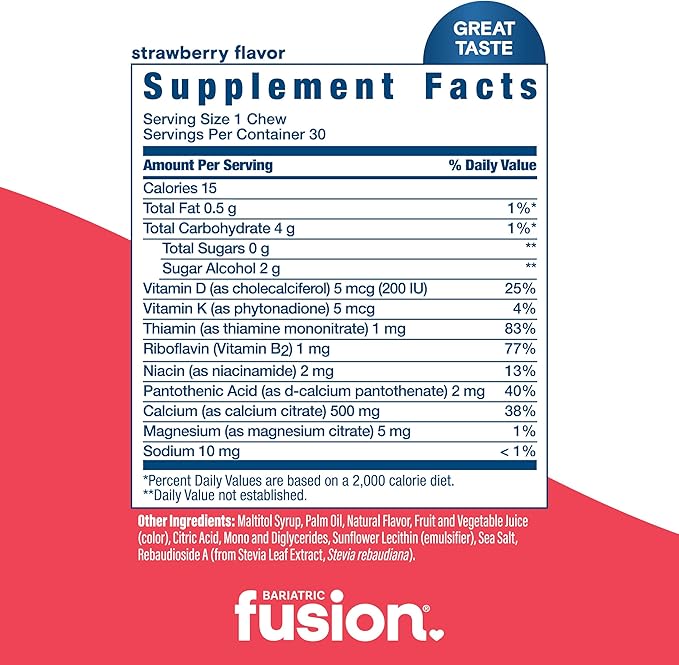 Bariatric Fusion Bariatric Calcium Supplement Chews | Calcium Citrate with Vitamin D3 Bariatric Vitamin | Sugar Free Chewable | 500mg | Variety Pack | 90 Count