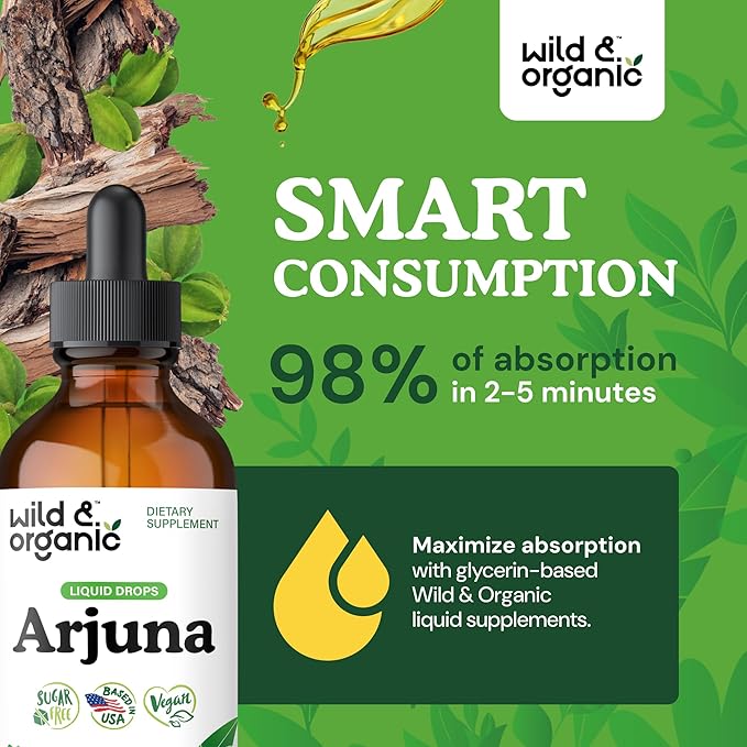 Wild & Organic Arjuna Bark Tincture - Overall Well-Being Supplement - Alcohol-Free Liquid Drops - Terminalia Arjuna Bark Extract - No Sugar & Additives, Non-GMO - 4 fl oz