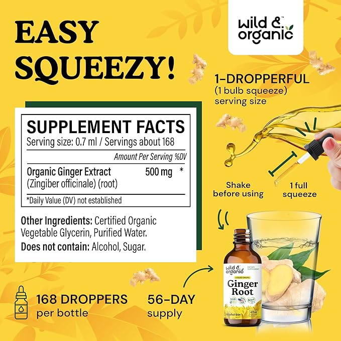 Wild & Organic Ginger Root Extract Drops - Immune & Digestive Support - Liquid Ginger Supplements - Vegan, Sugar & Alcohol-Free Tincture - 4 fl oz