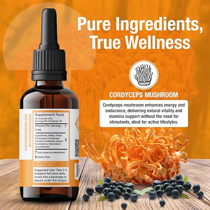 Vesper Cordyceps Mushroom Liquid Extract - Double Extraction with Wild Huckleberries for Energy, Endurance, Circulation Support, USA-Grown, for Natural Stamina & Vitality – 2oz