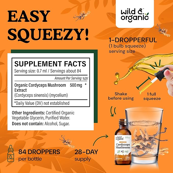 Wild & Organic Cordyceps Mushroom Tincture - Cordyceps Extract Supplement for Energy & Immune Support - Liquid Sinensis Mushroom Drops - Vegan, Sugar & Alcohol-Free - 2 fl oz