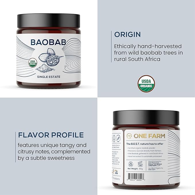 One Farm by WAAYB Organic Baobab Powder Non-GMO, Fair-Trade, Vegan, Gluten Free, Single Origin, 100% South African Baobab, Premium Quality in Resealable Jar