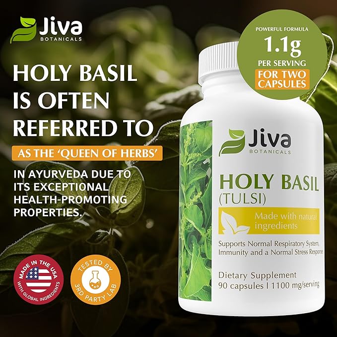 Jiva Botanicals Holy Basil Capsules - Premium Holy Basil Extract with Tulsi Powder - Ayurvedic Herb Alternative to Tincture -90 Vegan Capsules