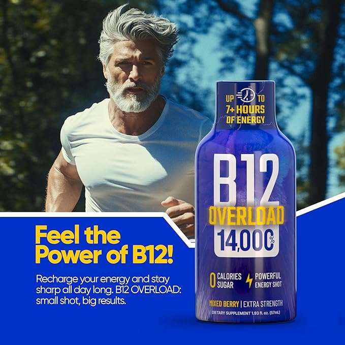B12 Overload Extra Strength Energy Shot – Mixed Berry – 260mg Caffeine, 14000% B12, Electrolytes – Energy & Vitality Support – Zero Sugar No Calories – Vegan, Kosher, Gluten-Free – 1.93 fl oz, 12-Pack