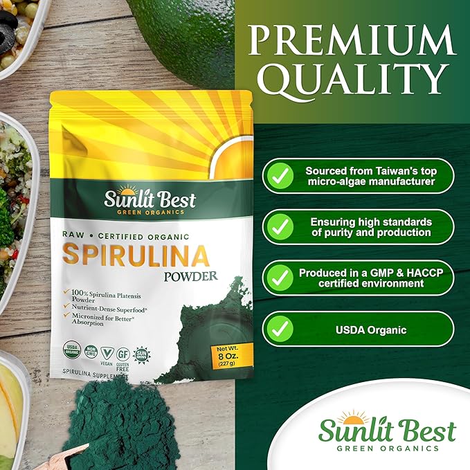 Sunlit Best USDA Organic Spirulina Powder - Blue-Green Algae, Raw & Vegan Source of Protein & Chlorophyll | Non-GMO & Gluten-Free Superfood Energy Drink | Immune Support Supplement, 8 oz - 3 Pack