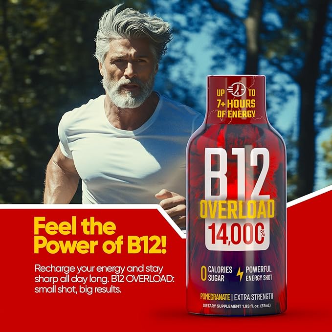 B12 Overload Extra Strength Energy Shot – Pomegranate – 260mg Caffeine, 14000% B12, Electrolytes – Energy & Vitality Support – Zero Sugar No Calories – Vegan, Kosher, Gluten-Free – 1.93 fl oz, 10-Pack