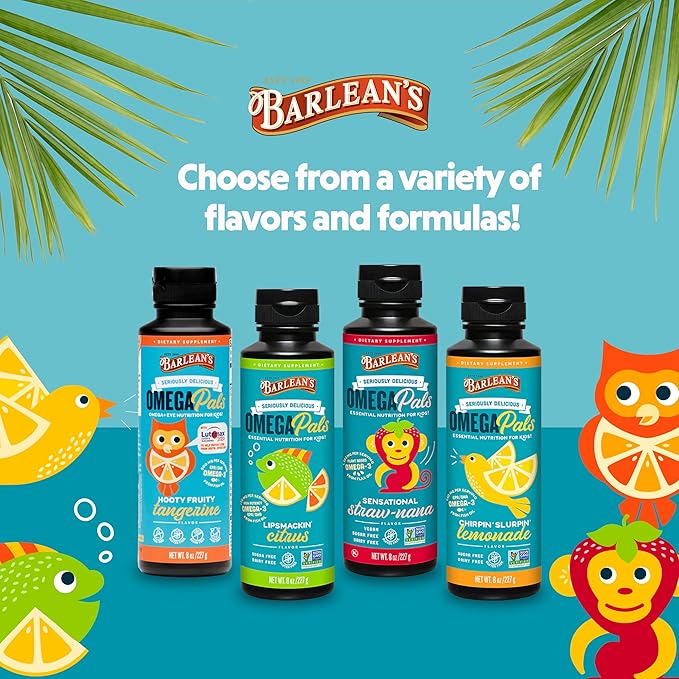 Barlean's Omega Pals Eye Health Liquid, Tangerine Flavored Omega 3 for Kids, Fish Oil Supplement with 500 mg of EPA & DHA Plus Lutein & Zeaxanthin Vitamins for Blue Light Support, 8 oz
