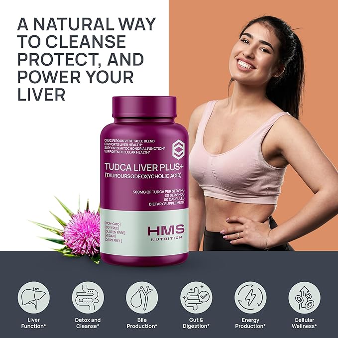 TUDCA Liver Plus+, Liver Support Supplement for Liver Cleanse with Milk Thistle Seed Extract, Vitamin B12, Folate, Tudca Bile Salt Supplement (Tauroursodeoxycholic Acid), 60 Capsules, 1 Month Supply