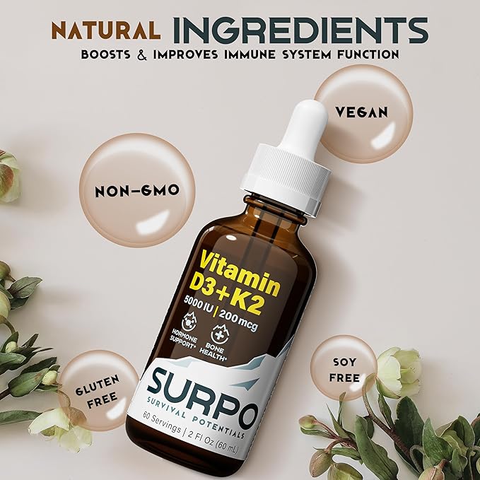 Vitamin D3 + K2 Liquid Drops with Omega 3 Oil - 5000 IU Vitamin D Drops K2 for Hormone Support & Bone Health - Liquid Vitamin D3 with K2 Drops for Maximum Absorption - 2Fl Oz Vitamin K2 D3