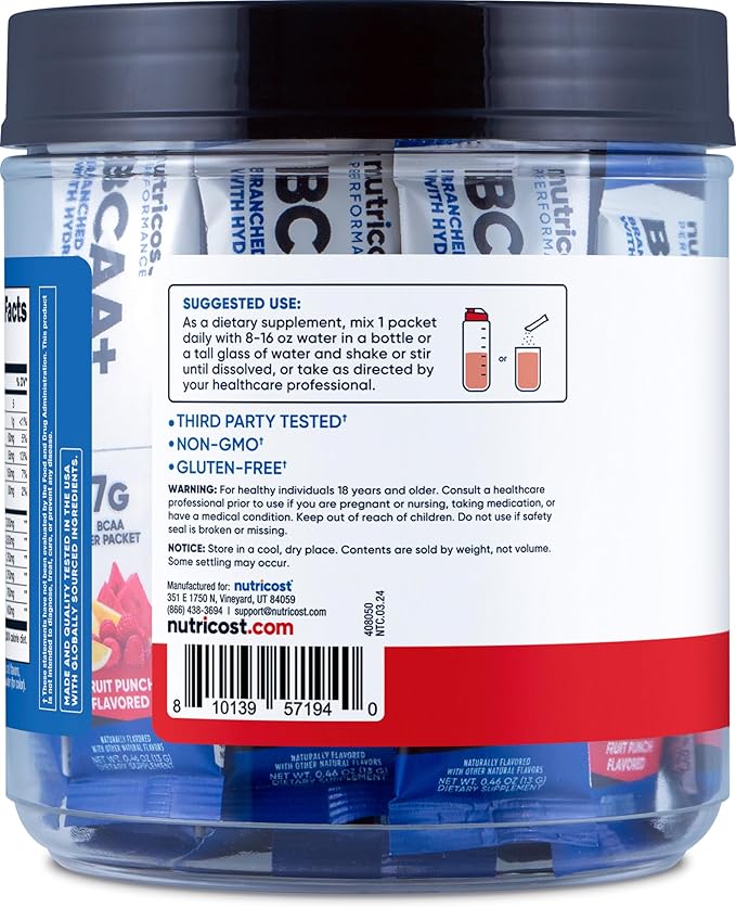 Nutricost BCAA+ Hydration Fruit Punch Flavor (20 Stickpacks) - Branched Chain Amino Acids with Hydration Complex - Gluten-Free, Non-GMO